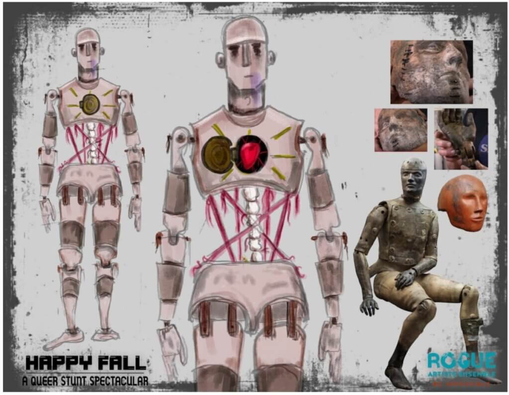 The image includes two hand-drawn renderings of a human-sized puppet and photographs of old crash dummies. The puppet’s abdomen is missing, exposing the spine and strings inside. The puppet also has a door-like opening in the chest that reveals its heart. The photographs show close-ups of real-life crash dummies and how they are constructed, including close-ups of their joints and faces.