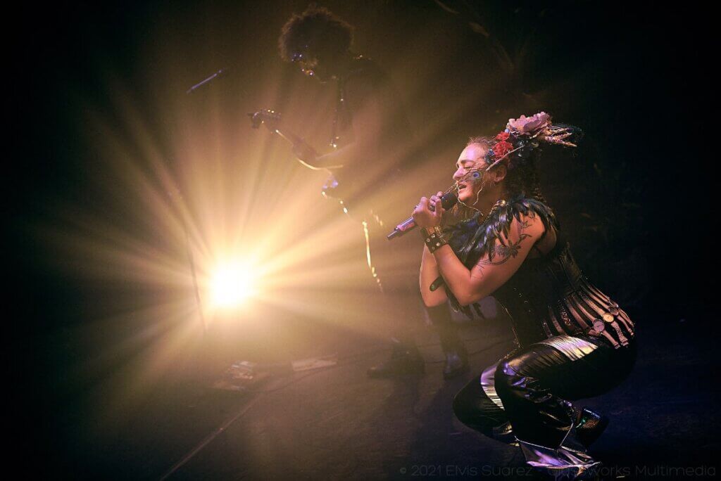 In the foreground, a singer crouches in a powerful stance. Their hair is plumed with flowers and feathers. They wear leather pants and a top fringed with watches. Silhouetted by stage lights in the background stands a guitarist.
