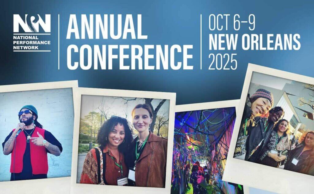 A promotional graphic for the NPN’s Annual Conference scheduled to take place in New Orleans from October 6-9, 2025. The design features the NPN’s logo and the title in bold, white text on a blue background, alongside the event dates and location. Below the text are several Polaroid-style images showcasing various moments from previous events, including people posing together, vibrant decorations, and a person speaking. The overall aesthetic is modern and inviting, highlighting the event’s community-oriented and creative atmosphere.