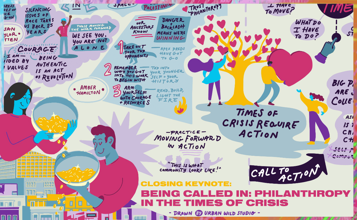 Colorful graphic recording of the closing keynote, featuring vibrant characters and abstract elements. On the left, a woman and a man are depicted pouring golden coins from bowls, symbolizing generosity or sharing. In the center, a tree with heart-shaped leaves is tended by two figures, one reaching up to touch a heart-shaped leaf and another holding a large heart. The background includes abstract shapes, silhouettes of people, and layered urban elements like buildings. Between and on top of the various elements are blocks of text that capture the contents of the closing keynote. At the bottom is the text "Closing Keynote: Being Called In: Philanthropy in the Times of Crisis." Beneath that is the artist credit, which reads, "Drawn by Urban Wild Studio." The overall design is dynamic and engaging, with a mix of warm and cool tones.