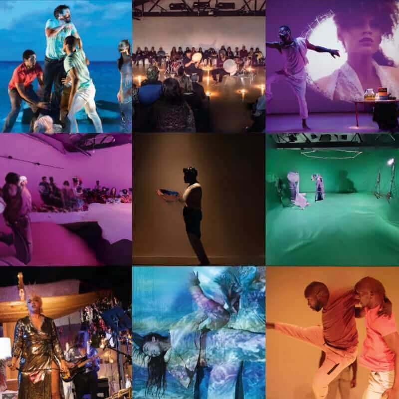 A three-by-three grid of nine square photos, each one showing a still from a different Links Hall event or performance.