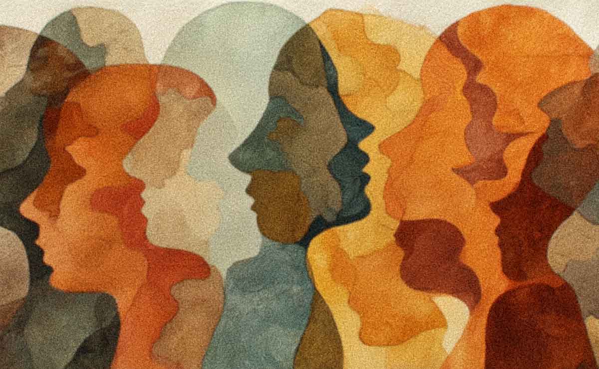 Abstract watercolor artwork showing overlapping human profiles in warm tones of orange, rust, ochre, and muted blues. The translucent layers create depth and suggest diversity, community, and interconnectedness.