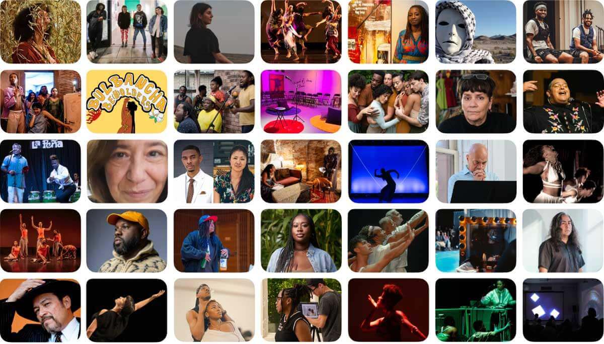 A grid of 35 promotional photos of artists.