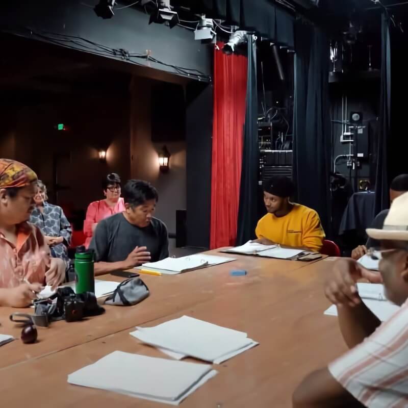 A group of people sit around a table in an empty performance space, reading from scripts. In the background are two women seated in the first row of the audience section, watching.
