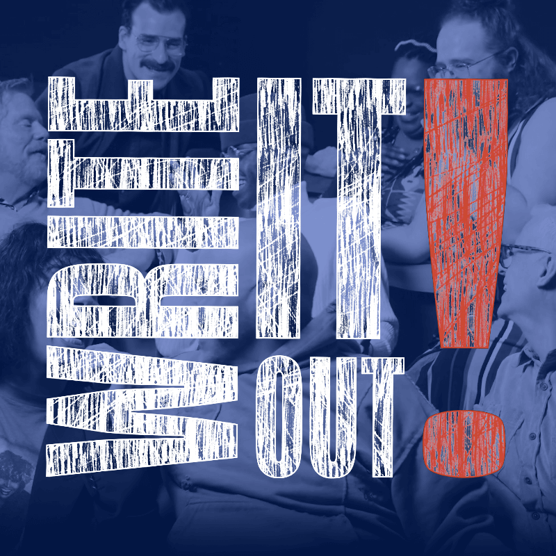 Logo for “Write It Out!” over a monochromatic group photo of people looking at each other and laughing.