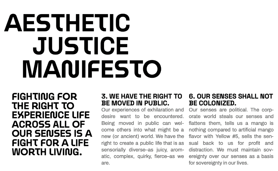 Screen capture of the front page of a document, with the words “Aesthetic Justice Manifesto” in a futuristic all-caps font above three blocks of smaller text.