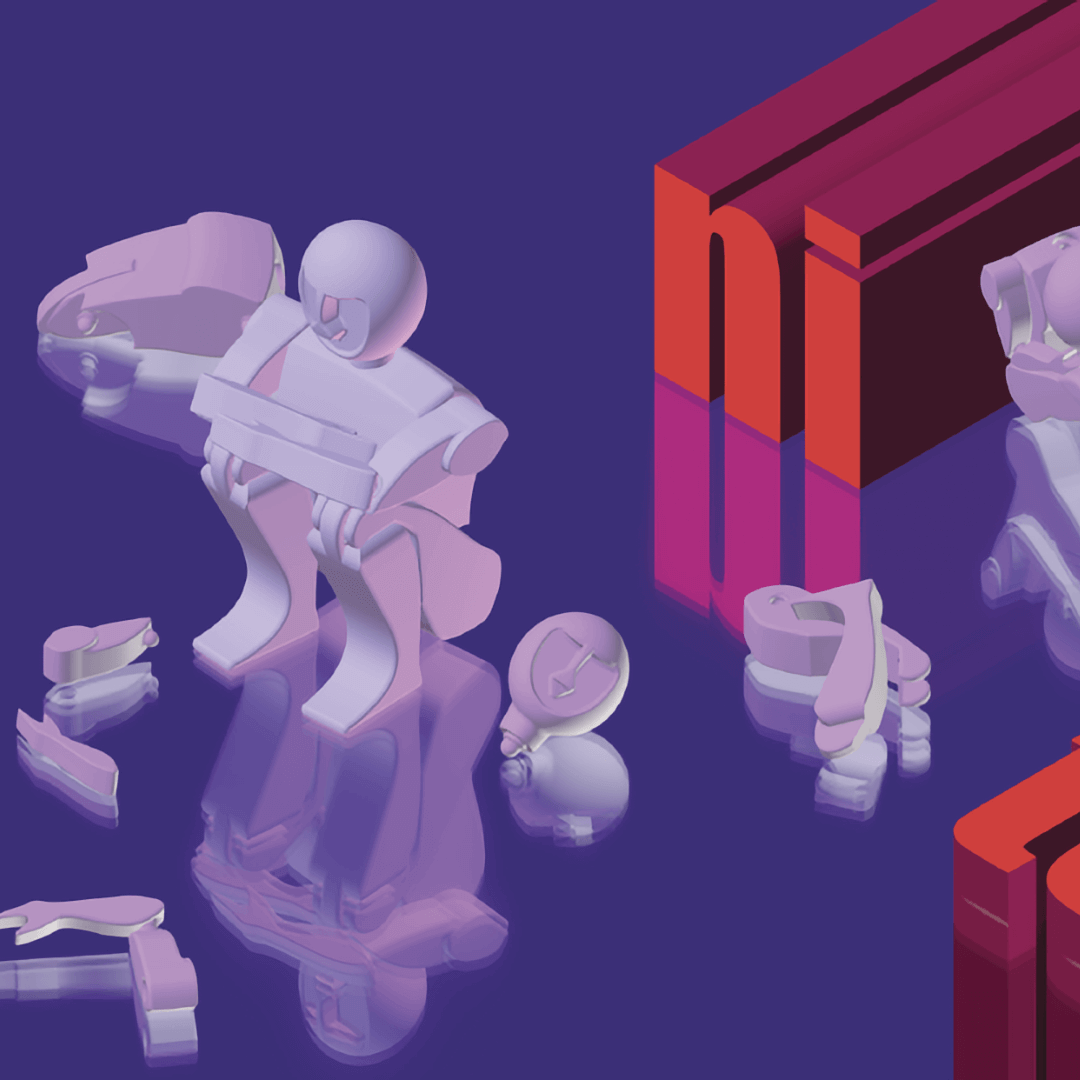 A computer graphic image by Carlo Maghirang of a white toylike humanoid figure crouching on a reflective blue surface, surrounded by other white body parts as if to suggest that the figure has been assembled from parts. Behind the figure in an extruded red block are the lowercase letters “ni.”
