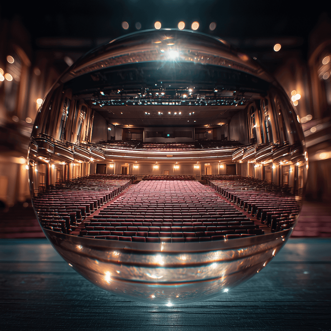 An empty theater auditorium seen through a glass sphere.