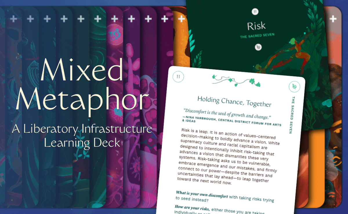 On the left side of the image, in the foreground, is the text “Mixed Metaphor” in large letters, and underneath that in smaller letters is the text “A Liberatory Infrastructure Learning Deck." On the right side of the image, in the foreground, is a cropped close-up of the front of card 11, which has a white background and a title in green text that reads, "Holding Chance, Together," followed by a block of green text and then a block of black text. Behind and above it is the cropped close-up of the front of the same card, which features the text "11. Risk: The Sacred Seven" above stylized human figures leaping. In the background, the other cards of the deck are spread horizontally, faces down, in an even distribution.