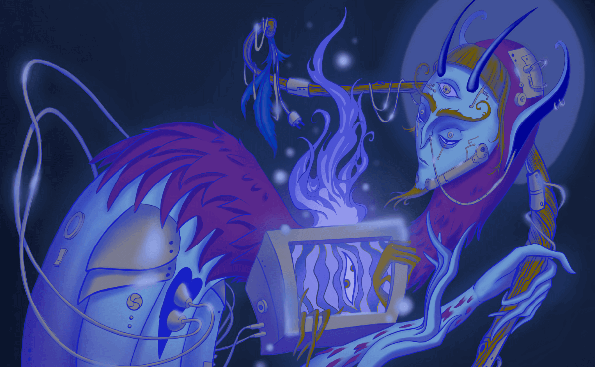 A mythical, cyborg-like creature with three eyes floats in a dreamlike space.