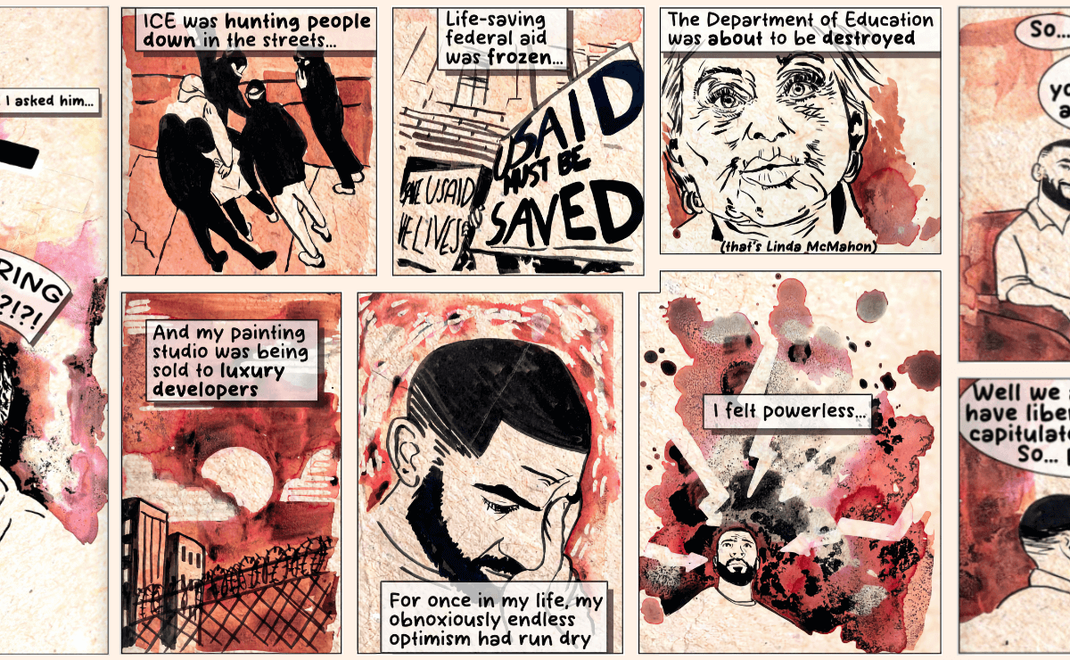 A grid of comic panels in black, red, and beige showing various people in discussions, at protests, and in emotional distress.