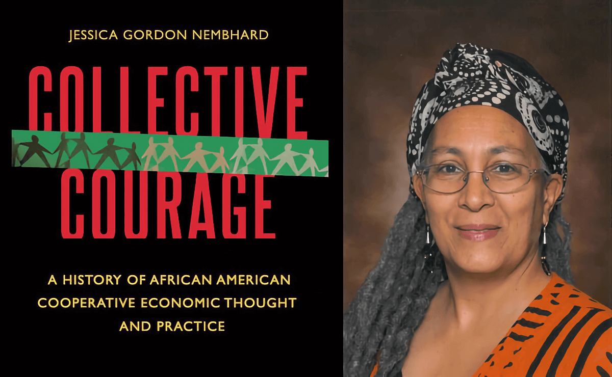 Book cover for Collective Courage accompanied by a headshot of the author, Jessica Gordon Nembhard.