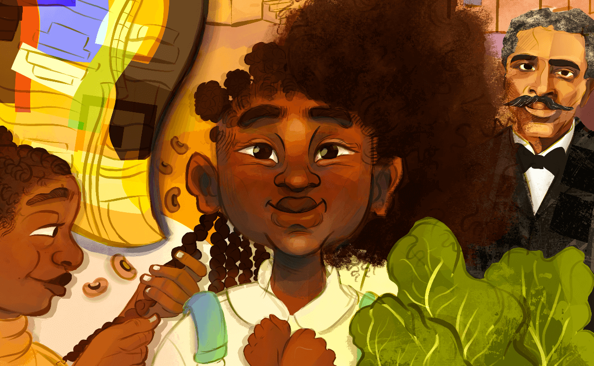 A close-up of part of the book cover for Spotlight: Black Rural Life, curated and illustrated by Jazzie Jelks. The colorful illustration centers on a young Black girl with her fists crossed over her chest. A smiling Black woman to the left of her is braiding the girl's hair. Surrounding the girl are a quilt, black-eyed-peas, a mustached man in a suit and black bow tie, and collard greens.