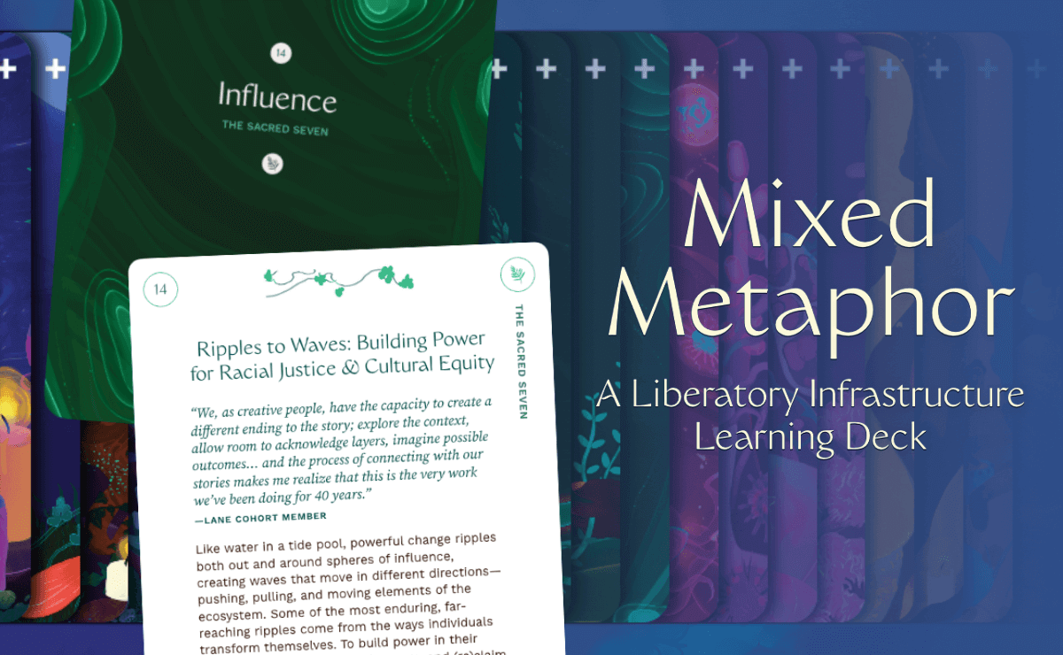 On the left side of the image, in the foreground, is a cropped close-up of the front of card 14, which has a white background and a title in green text that reads, "Ripples to Waves: Building Power for Racial Justice & Cultural Equity," followed by a block of green text and then a block of brown text. Behind and above it is the cropped close-up of the front of the same card, which features the text "14. Influence: The Sacred Seven" above concentric bands of green in the style of a terrain elevation map. In the background, the other cards of the deck are spread horizontally, faces down, in an even distribution. On the right side of the image, in the foreground, is the text “Mixed Metaphor” in large letters, and underneath that in smaller letters is the text “A Liberatory Infrastructure Learning Deck." 