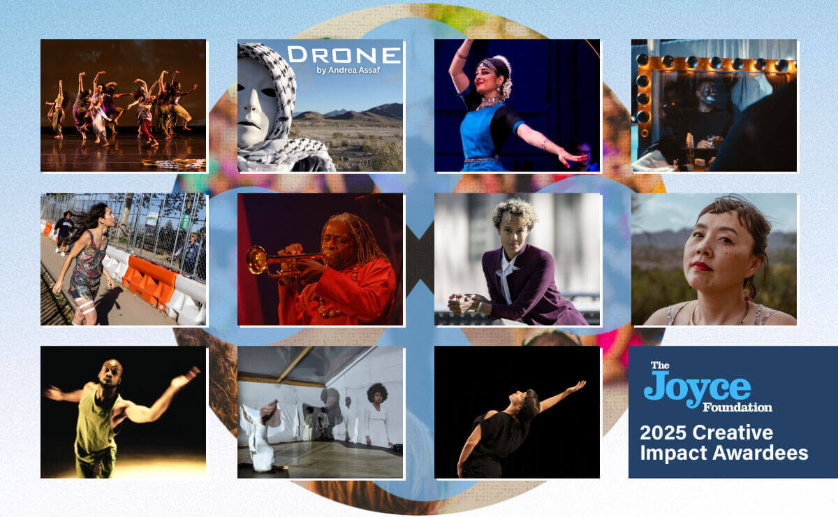 A grid of headshots or production photos representing the 11 NPN-supported artists included in The Joyce Foundation 2025 Creative Impact Awards. Represented in the top row, from left: Ananya Chatterjea, Andrea Assaf, Aparna Ramaswamy, and Edgar Arceneaux. Represented in the middle row, from left: Emily Johnson,Hannibal Lokumbe, Kaneza Schaal, and Katie Ka Vang. Represented in the bottom row, from left: Marc Bamuthi Joseph, Onye Ozuzu, and Rosy Simas.