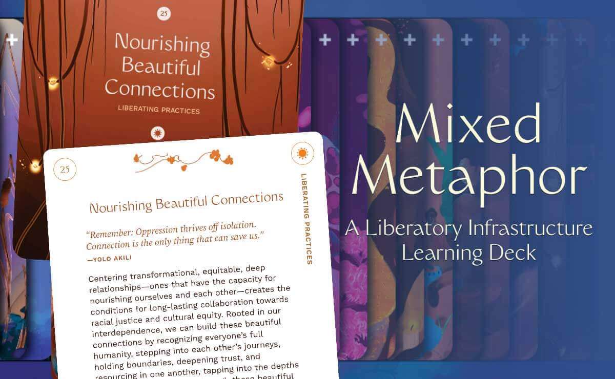 On the left side of the image, in the foreground, is a cropped close-up of the front of card 25, which has a white background and a title in orange text that reads, "Nourishing Beautiful Connections," followed by a quote in orange text, then a block of  brown text that extends beyond the edge of the image. Behind and above it is the cropped close-up of the front of the same card, featuring a background of deep orange that shades into brown at the bottom, with an illustration of dark brown plant vines, some hanging in loops and some straight down, on both the left and right sides of the card. Three fireflies glow bright yellow against the vines. Over this illustration is "25. Nourishing Beautiful Connections" in white text, and underneath in smaller, light orange text is the phrase "Liberating Practices." On the right side of the image, in the foreground, is the text “Mixed Metaphor” in large letters, and underneath that in smaller letters is the text “A Liberatory Infrastructure Learning Deck." In the background, the other cards of the deck are spread horizontally, faces down, in an even distribution.