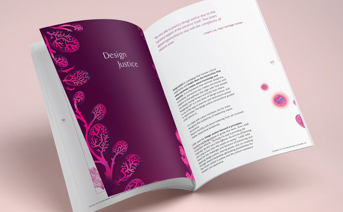 Top-down view of an open workbook. The left page is a solid field of dark purple. The left side of the page is decorated in monochromatic hand-drawn branching coral shapes in bright pink; the right edge of the page is obscured by the curvature of the page. In the center of the top half of this page, in white lettering, is the title “Design Justice.” On the right page is a quote in purple text, followed by paragraphs of black text, all too small to be legible, with small pink, purple, and light blue decorative images in the lower right margin.