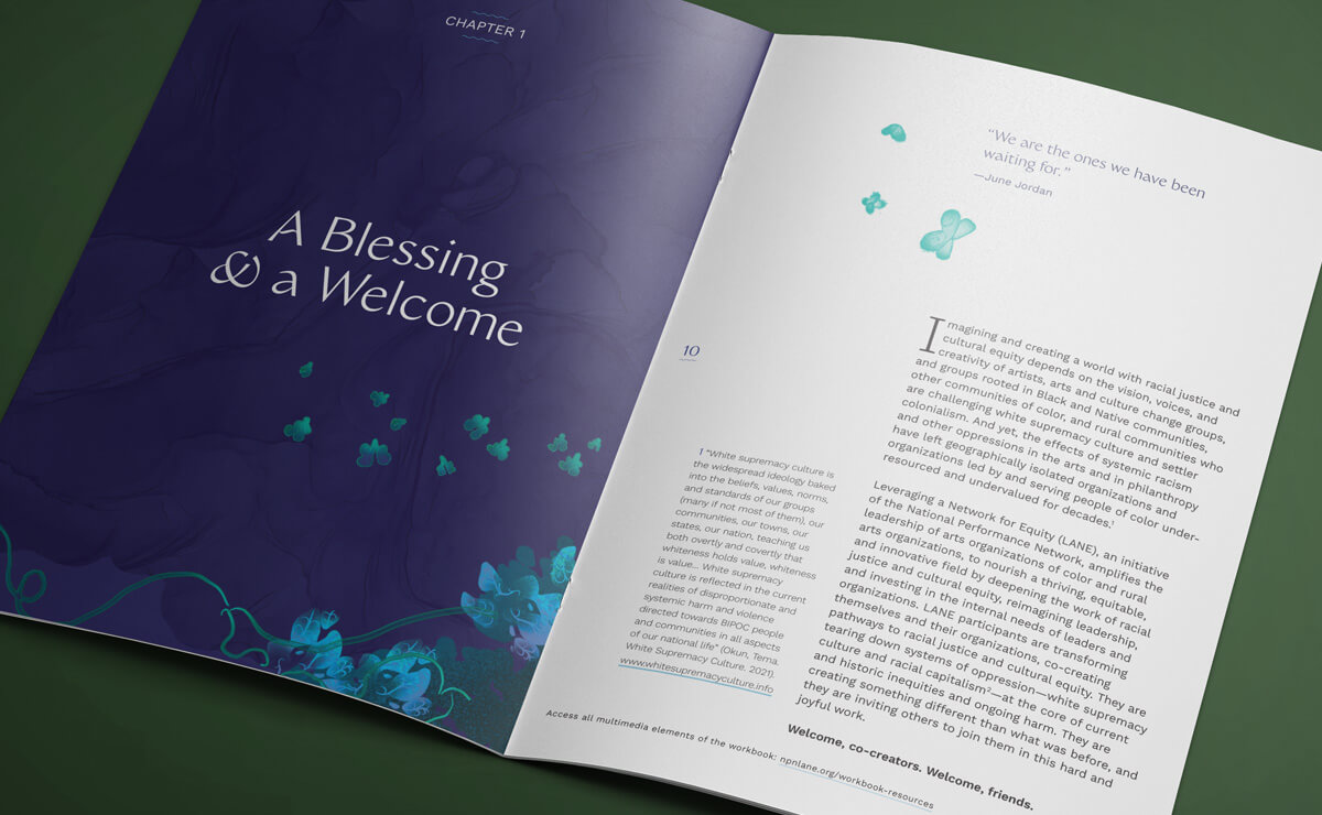 An image of the Mixed Metaphor Workbook open to show a two-page spread of the start of Chapter 1. The page on the left side is a navy blue with light blue and green hand-drawn flowers in the lower right corner. The text “Chapter 1” appears in white all caps horizontally centered at the top of the page. Horizontally centered in the middle of the page is the text “A Blessing & a Welcome” in a white decorative typeface. The facing page on the right shows two columns of text, too small to be legible, with a short quote above the second column. Three small teal butterflies are placed around the left edge of the quote.