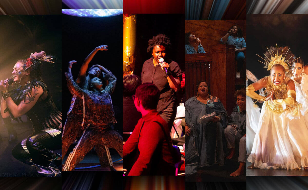 A photo collage made up of five tall, narrow crops of performance photos of five previous Creation Fund awardees. Starting from the left, the five photos show: a person wearing indigenous clothing crouching and singing into a microphone; two Black dancers close together with arms extended toward a blue and white circular light above them; a Black woman holding a microphone and addressing an audience in the round; four Black women seated at various levels on a wooden platform and singing in unison; and a dancer wearing an ornate white and gold dress, gold arm-length gloves, and an elaborate gold head ornament with gold rods that extend in an arc like rays of sunlight.