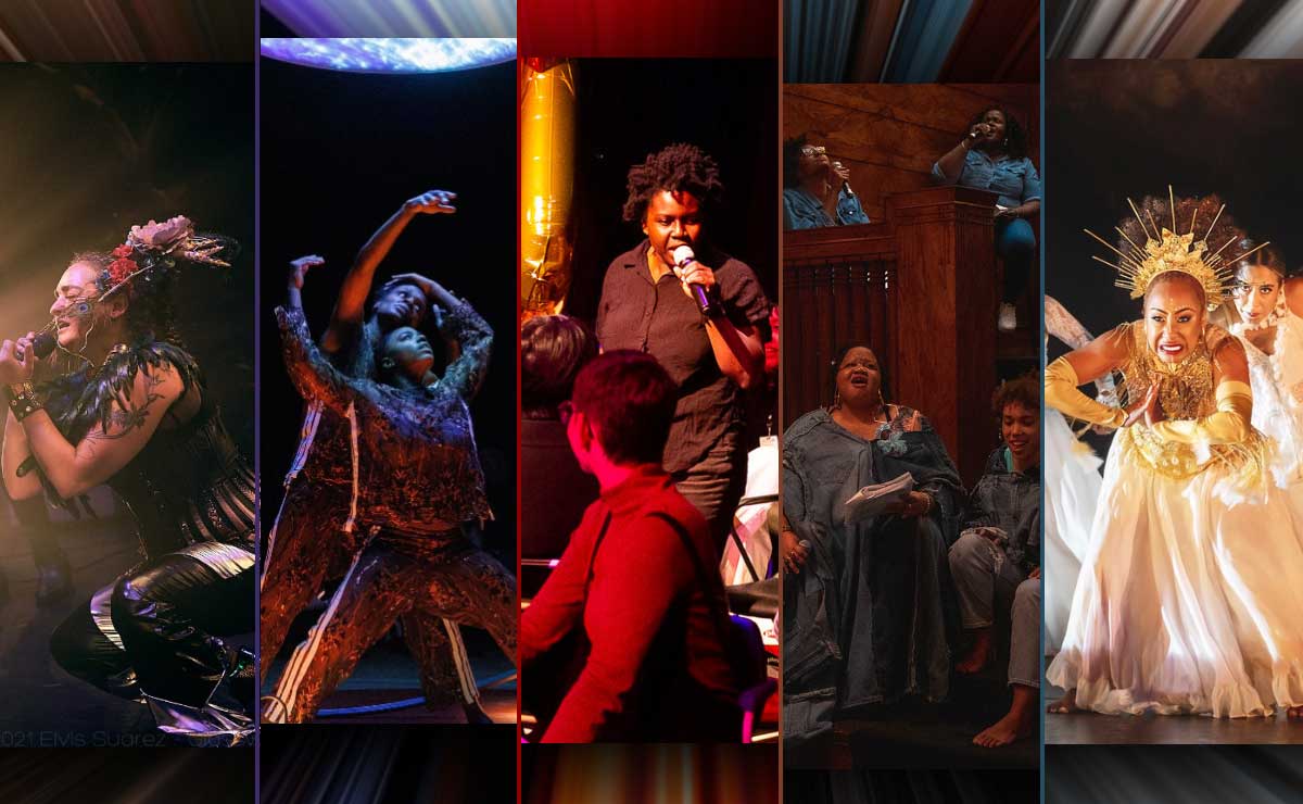 A photo collage made up of five tall, narrow crops of performance photos of five previous Creation Fund awardees. Starting from the left, the five photos show: a person wearing indigenous clothing crouching and singing into a microphone; two Black dancers close together with arms extended toward a blue and white circular light above them; a Black woman holding a microphone and addressing an audience in the round; four Black women seated at various levels on a wooden platform and singing in unison; and a dancer wearing an ornate white and gold dress, gold arm-length gloves, and an elaborate gold head ornament with gold rods that extend in an arc like rays of sunlight.