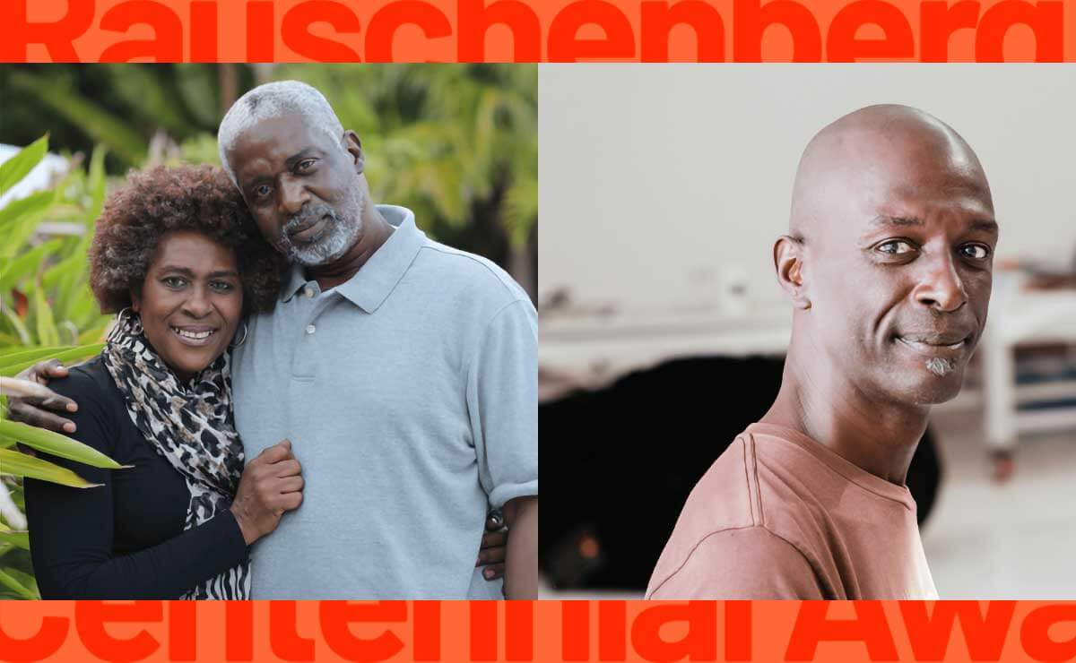 Two square photographs side by side, with orange borders along the top and bottom. The left image is a publicity photo of Chandra McCormick and Keith Calhoun. The right image is a publicity photo of Dave Thomson.