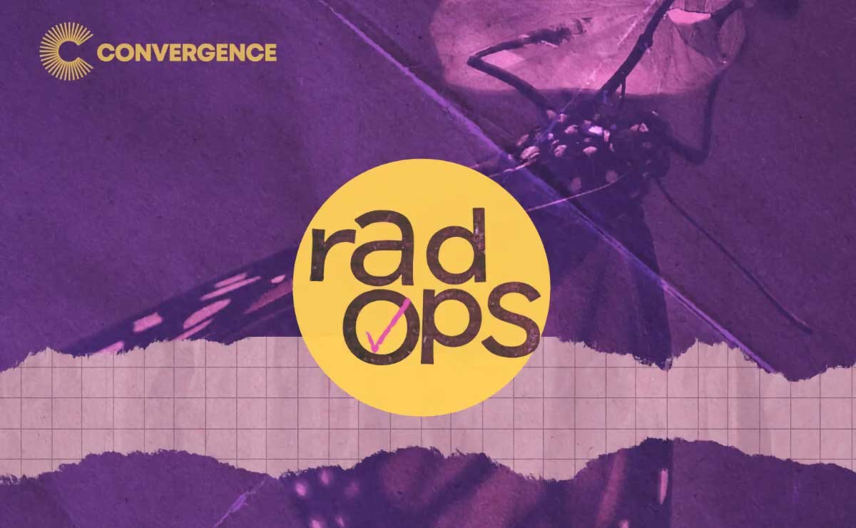 A monochromatic collage-style illustration in shades of purple. The collage consists of an extreme close-up photo of the polka-dotted thorax and head of a Blue Tiger Butterfly hanging upside down from a small leaf. This image appears to be ripped horizontally across the bottom half, obscuring much of the butterfly's wings, to reveal a simple pale purple grid that suggests either graph paper or ceramic tile. Over this illustration in the center of the composition is a mustard yellow circle with the text "rad ops" on two lines in lowercase purple letters of varying sizes. Inside the "o" of the word "ops" is a small pink check mark. In the upper left corner is the Convergence logo in the same shade of yellow.