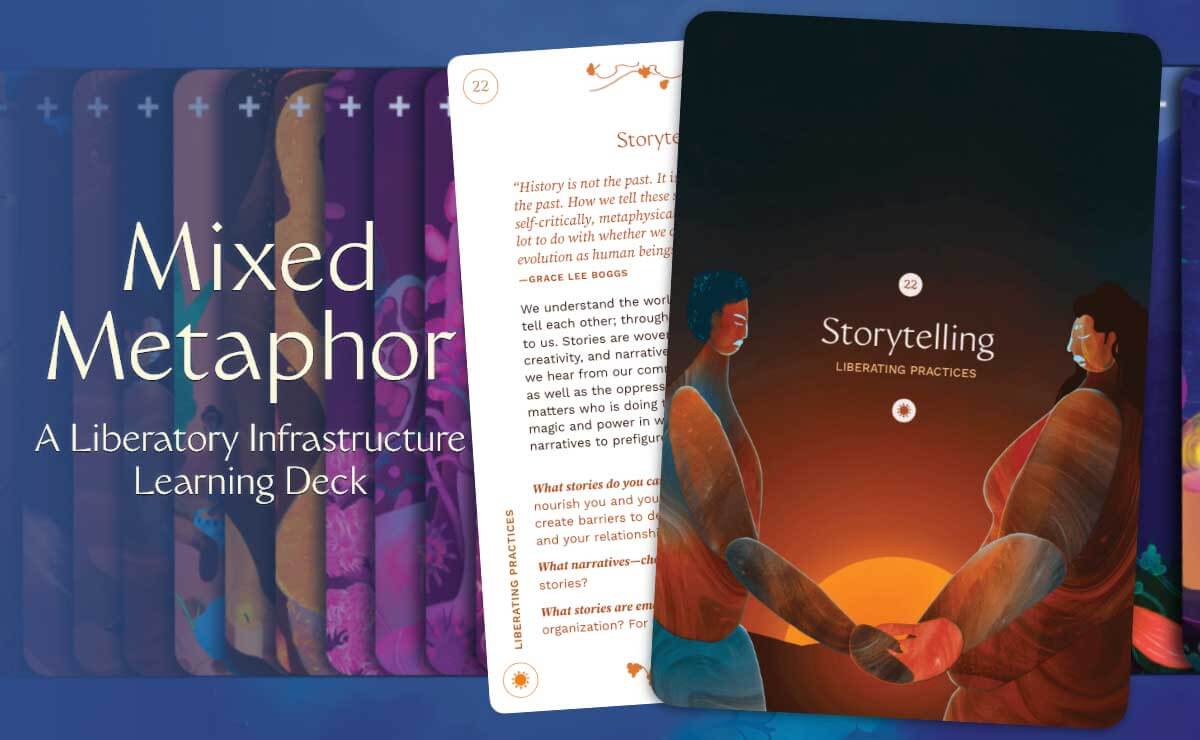On the left side of the image, in the foreground, is the text “Mixed Metaphor” in large letters, and underneath that in smaller letters is the text “A Liberatory Infrastructure Learning Deck." In the background, the other cards of the deck are spread horizontally, faces down, in an even distribution. On the right side of the image, in the foreground, is the back of card 22 of the Mixed Metaphor Learning Deck, featuring an illustration in shades of brown, orange, and teal, of two stylized female figures holding hands in front of a setting sun. Over this illustration in the center of the card is "22. Storytelling" in white text, and underneath in smaller, light orange text is the phrase "Liberating Practices." Behind this card, the face of card 22 is partially visible, featuring a white background with blocks of text in orange or black. 