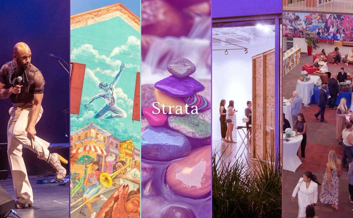 A composite image consisting of five columns, each containing a tightly cropped photograph with a slightly pinkish tint. From the left: the first column shows a Black man with a shaved head and light colored pants standing on a stage with a microphone and lifting his foot to reveal a high-heeled boot; the second column shows a colorful mural on the side of a house that features revelers in New Orleans; the center column displays a pile of colorful rocks overlaid with the word “Strata”; the fourth column shows an exterior night shot through the window of a purple building with gallery attendees inside; and the fifth column shows a second-story view of an event in the atrium of a large library.