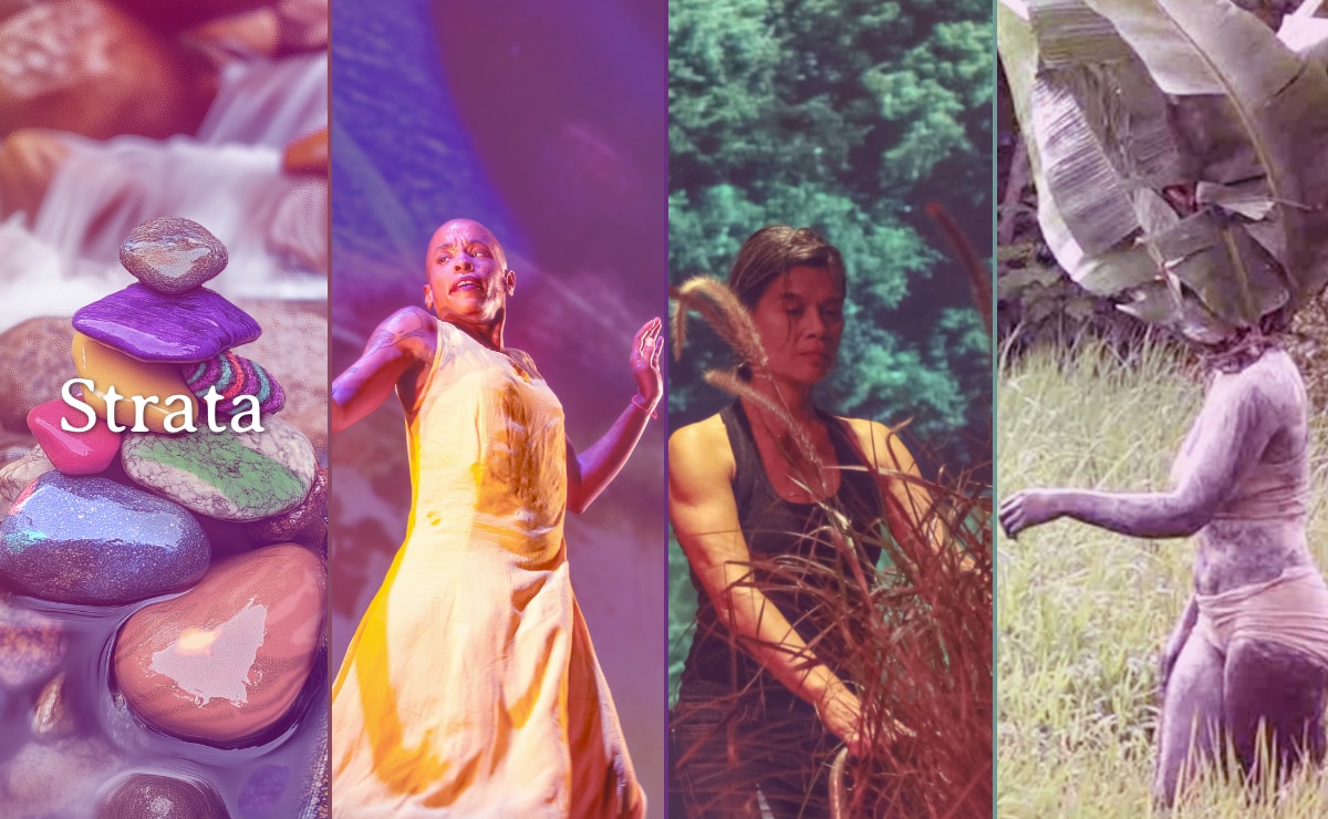 A composite image consisting of four columns, each containing a tightly cropped photograph with a slightly pinkish tint. Starting from the left, the first column shows a pile of colorful rocks overlaid with the word "Strata"; the second column shows a Black woman with a shaved head and a sleeveless yellow dress dancing ; the third column shows a muscular, light skinned woman of possible Asian ancestry standing in front of a projection of trees and gripping a cart filled with dried grass; and the fourth column shows a Black woman covered in chalk or dried mud and wearing a beige two-piece costume walking across a grassy field with her face hidden by a headdress made of giant leaves.