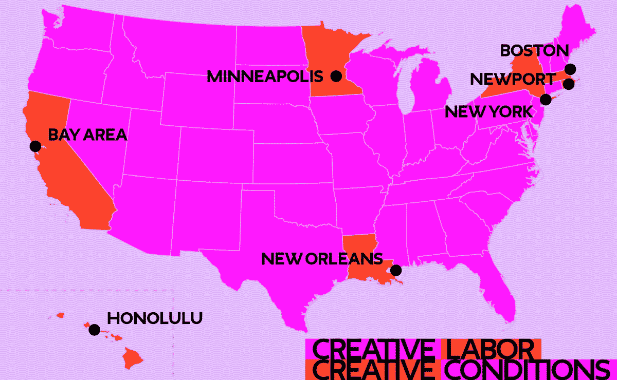 A stylized map of the continental United States plus Hawaii in garish pink, on a background of fine purple wave lines stacked together to create a visually busy texture. Some of the states on the map are a bright red, and over each of these states, the name of a major city or region is printed in large black capital letters accompanied by an oversized black dot. They are, from left: Honolulu, Hawaii; Bay Area, California; Minneapolis, Minnesota; New Orleans, Louisiana; New York, New York; Newport, Rhode Island; and Boston, Massachusetts. Along the bottom right edge of the graphic is the campaign title, "Creative Labor, Creative Conditions," printed in large black capital letters against alternating blocks of pink and red.