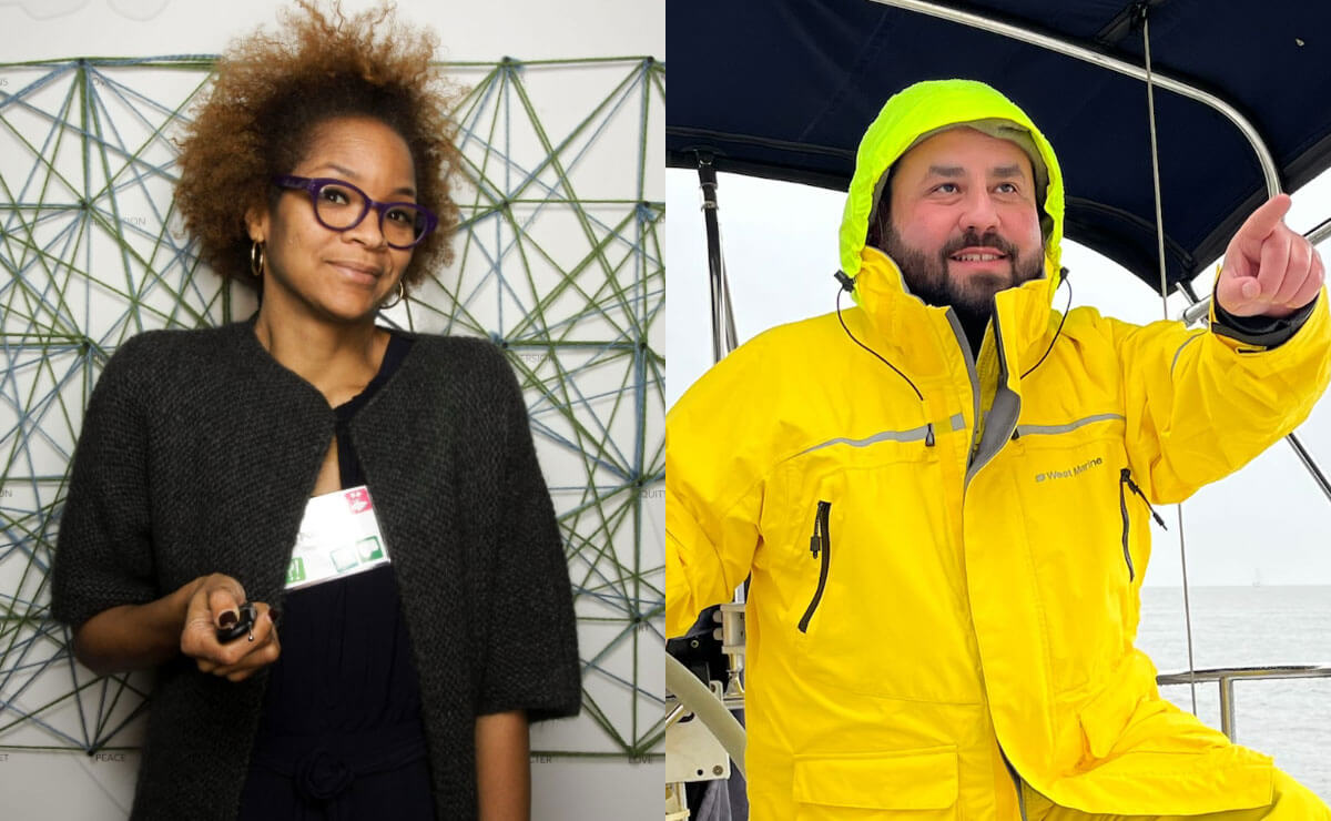 A composite image consisting of two portrait photos side by side. The left half is a photo of Stephanie Atkins wearing dark glasses and a dark gray or black knitted vest over a dark dress, standing in front of a wall covered in strings of gray and blue yarn and smiling gently as she presses a keyfob that triggers the camera. The right half is a photo of Alec De León wearing a yellow slicker with a neon green hood, standing on a boat and pointing playfully into the distance with a dramatic hand gesture.
