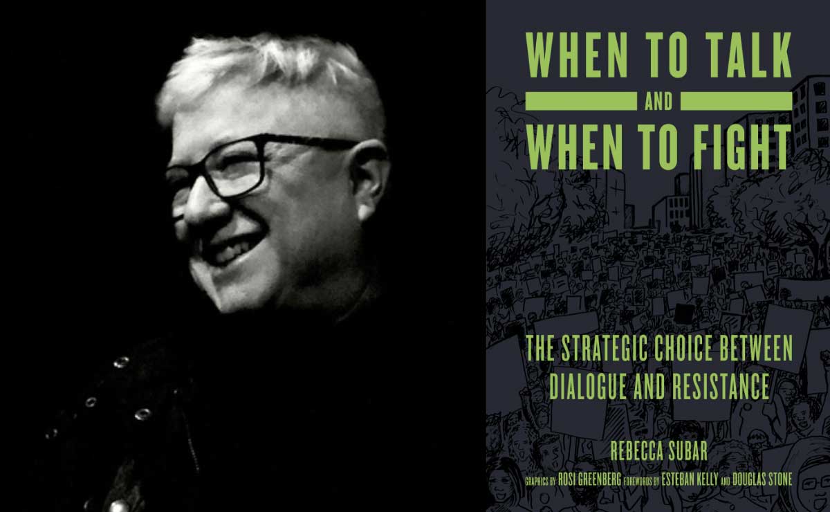 Composite image consisting of, on the left, a black and white publicity photo of author and activist Rebecca Subar smiling, and on the right, the cover of her book “When to Talk and When to Fight: The Strategic Choice between Dialogue and Resistance,” featuring the book's title in lime green letters over a black line drawing of protestors against a gray background.