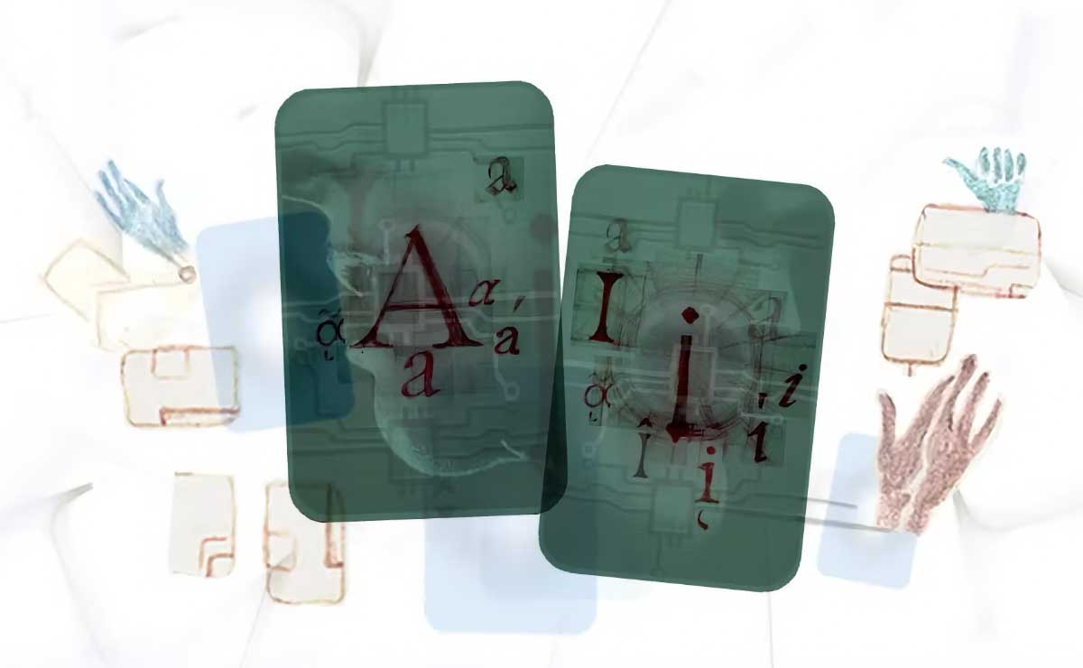 An illustration of two overlapping dark green playing cards floating against a background made up of floating hands and smaller beige card-shaped objects. The card on the left features a large capital "A" surrounded by smaller lowercase "a"s. The card on the right has a large lowercase "i" in the center surrounded by the letter "i" in various uppercase and lowercase styles.