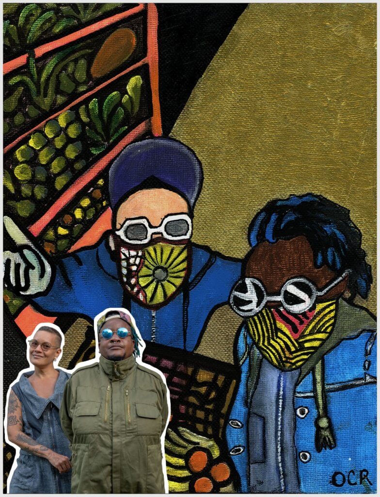 A painting of Odaymar, a Black dark skinned person, and Oli Krude, a Latino light skinned person, wearing blue clothes and colorful face masks in the fruit market with a cart filled with fruits and vegetables in the cart. Photoshopped on top is a photo of picture of Odaymar wearing a green jacket and Oli wearing a blue dress looking at the camera.