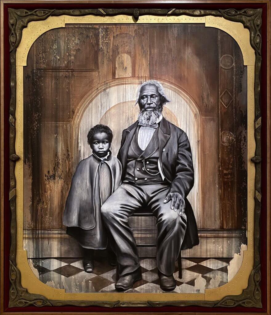 A large, realist oil painting in monochrome with an umber background shows an African American Elder siting with his hand on his lap and a small child on his right hand side standing. Both face the viewer.