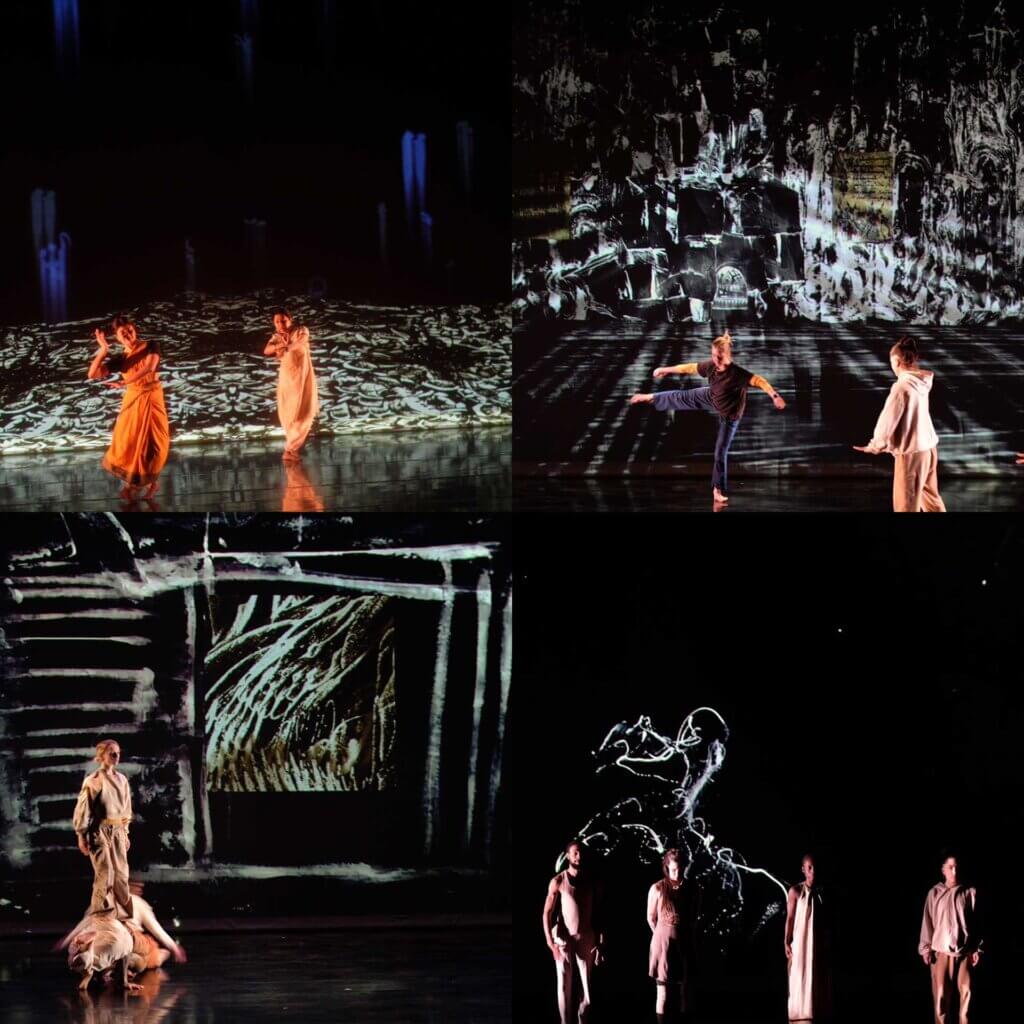 A composite of four photos featuring dancers in front of large, projected visual drawings.