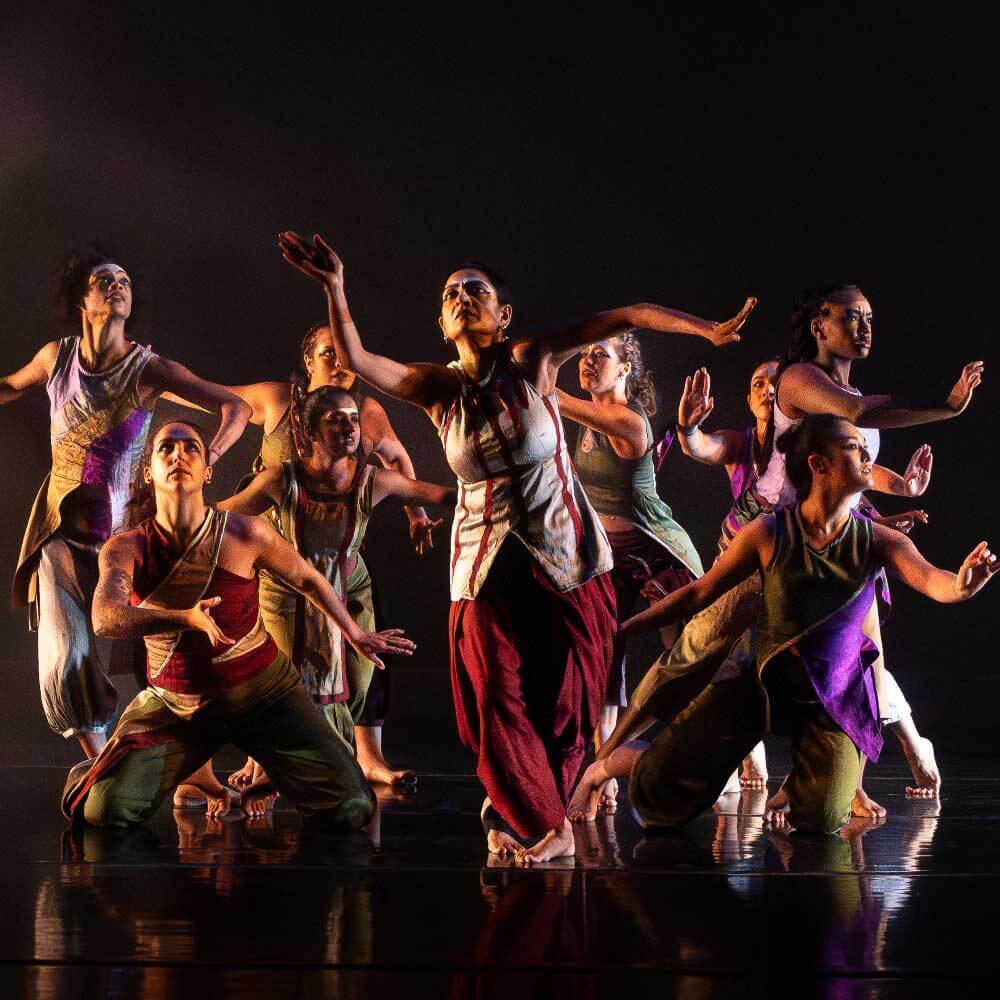 On a dark stage, a female dancer poses with her arms out, with eight other female dancers spread out evenly behind her. All are wearing dance costumes that incorporate clothing designs of traditional Urdu culture from South Asia. The dancers are lit dramatically from the sides with a warm light that casts deep shadows across their bodies.