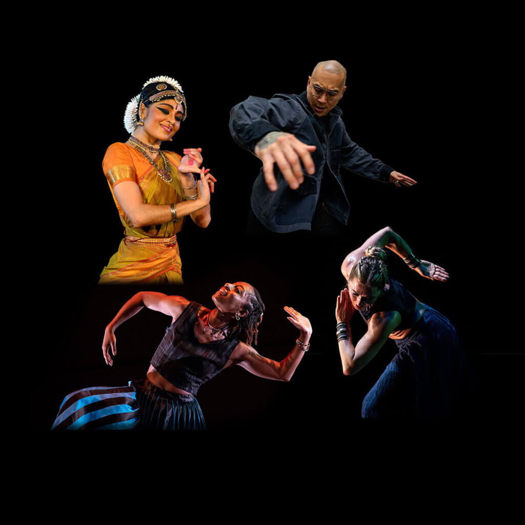 Four dancers are in four quadrants of the frame, with a black background. Left top corner: an Indian female dancer, light-browned skin with black hair, wearing a golden costume, white hair flowers, jewelry, fingers painted red. Right top corner: an Asian man in black, with glasses, dancing Left bottom corner - Dark skinned female dancer with black hair is dancing with waving arms, smiling Left right corner - Caucasian female dancer with blond hair is twisting her body in dance
