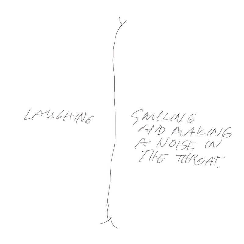 A thin, hand-drawn line extends vertically down the middle of an otherwise blank white square. The line forks at the top and bottom. On the left side of the line, the word "laughing" is scrawled in all caps. On the right side of the line, the phrase "Smiling and making a noise in the throat" is written in the same style.