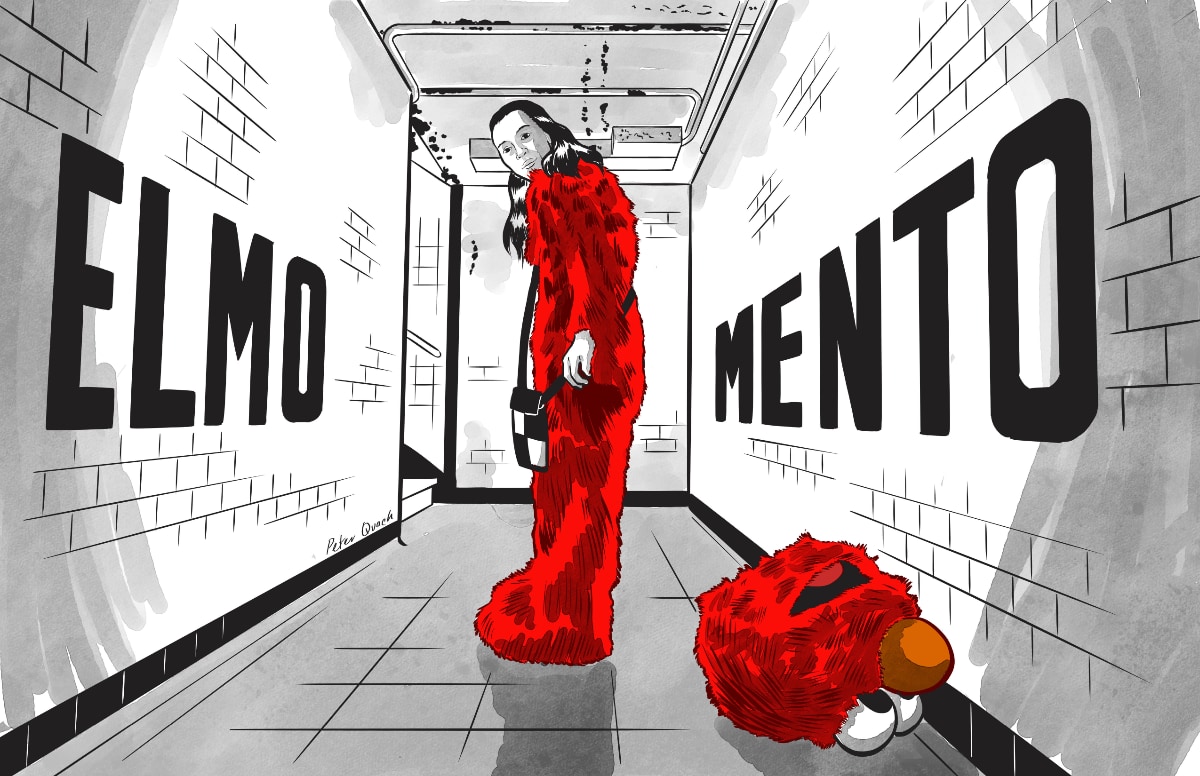 Digital illustration in black, white, and gray, and red, depicting an NYC-style subway passageway. The white tiled wall on the left says "ELMO" in large black letters, and the wall on the right says "MENTO" in large black letters. In the center of the composition, standing midway along the passage, is a figure with long black hair wearing a full body, furry character costume with the head removed. The head of the costume is upside down on the floor beside the figure. The costume looks similar to the "Elmo" character from Sesasme Street. The figure is standing sideways and looking over their left shoulder at the viewer. The artist's signature, "Peter Quach," is visible on the left wall near the back of the passage.