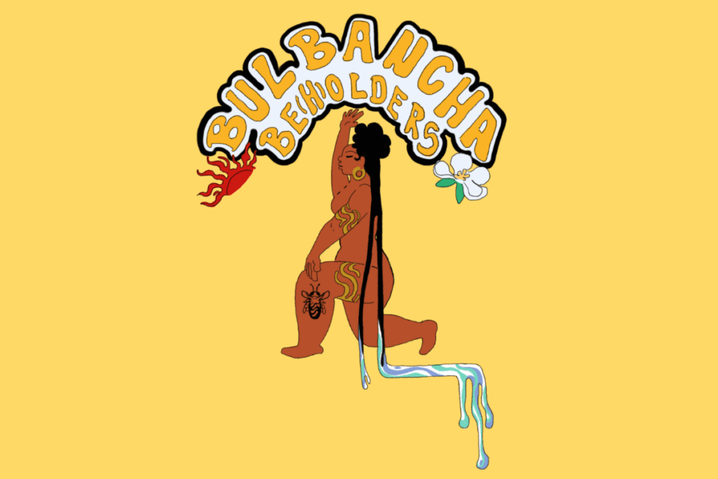 Illustration of a Brown Skinned women in a kneeling position between a red sun and a white magnolia flower. She is holding up the words; Bulbancha BeHolders. She has long black hair that turns into blue, green, and white water.