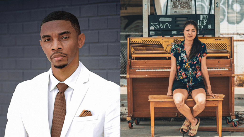A dark-skinned man is on the left, wearing a white suit and looking intently into the camera. On the right is an Asian woman dressed casually sitting in front of a piano placed at a gas station.