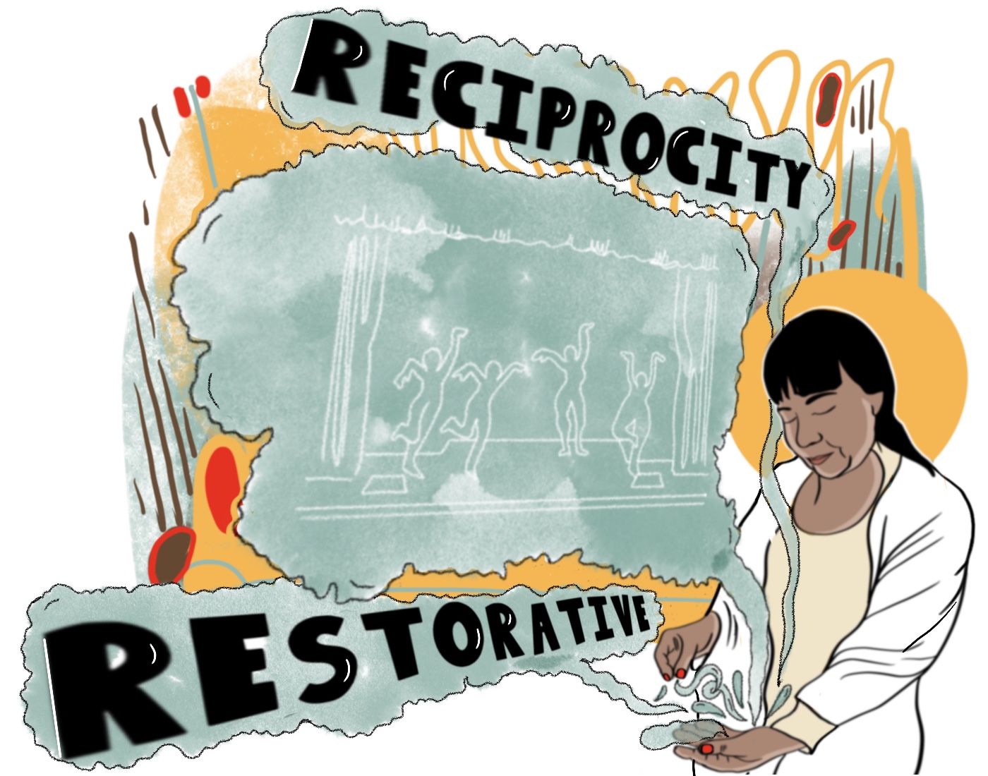 An illustration of a brown-skinned woman with long black hair and wearing a tan and white coat. She is on the far right edge of the image, and she is looking down at her outstretched palm. Teal smoke-like strands rise from her hand and expand to fill the center and left side of the image. They form three teal-colored word clouds. The top cloud contains the word "reciprocity" in all caps black hand lettering. The middle cloud, which is taller and takes up the most space in the composition, contains a simple line drawing in white that shows the silhouettes of four performers, arms raised, dancing on a stage. The bottom cloud contains the word "restorative" in all caps black hand lettering. The background is a chaotic mix of soft teal and orange textured shapes, brown lines, orange squiggles, and small red spots.