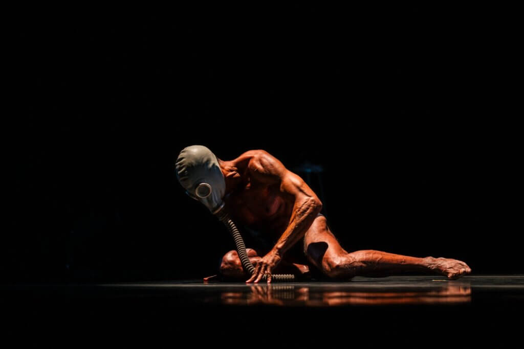 Amid a dark theatrical space, a man whose muscular body is dramatically lit, appears to be pushing his hands into the floor in an effort to rise again after collapse. His skin is medium brown and he is wearing only black dance belt and a WWI-era gas mask that covers his full head. The nozzle of the gas mask hangs to the floor, evoking both the toxicity of a hostile environment and the apparatus of survival. His posture echoes those of the dying swan in Mikhail Fokine’s Swan Lake.