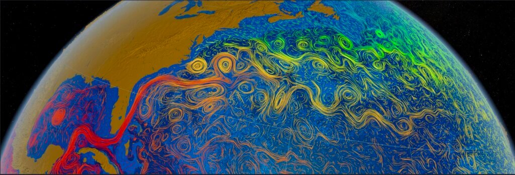 A NASA generated visual showing water currents as they move across the globe.