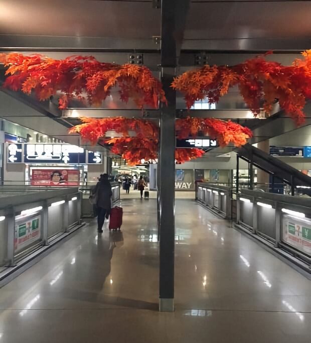 A wide airport terminal corridor is decorated with large clusters of bright red and orange autumn leaves suspended from the ceiling beams. A traveler pulls a red rolling suitcase along the polished floor while escalators and overhead signs frame the modern transit space. The seasonal decor adds warmth and visual interest to the otherwise industrial airport setting.