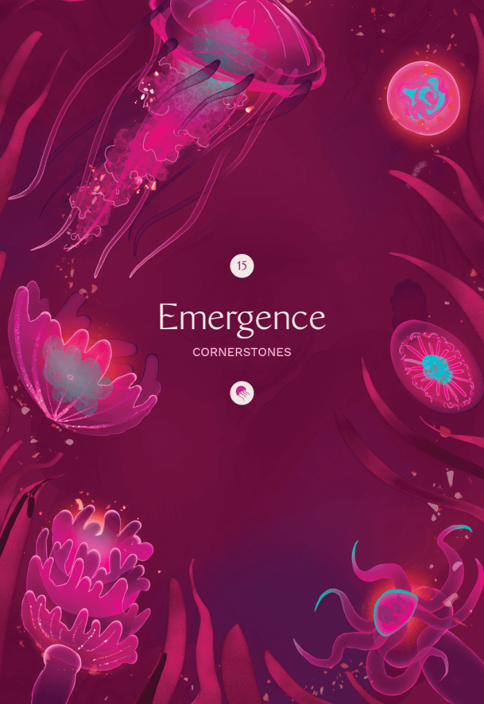Illustration of a deep fuchsia background surrounded with cyan accented sparkling jellyfish, coral, and sea anemones.