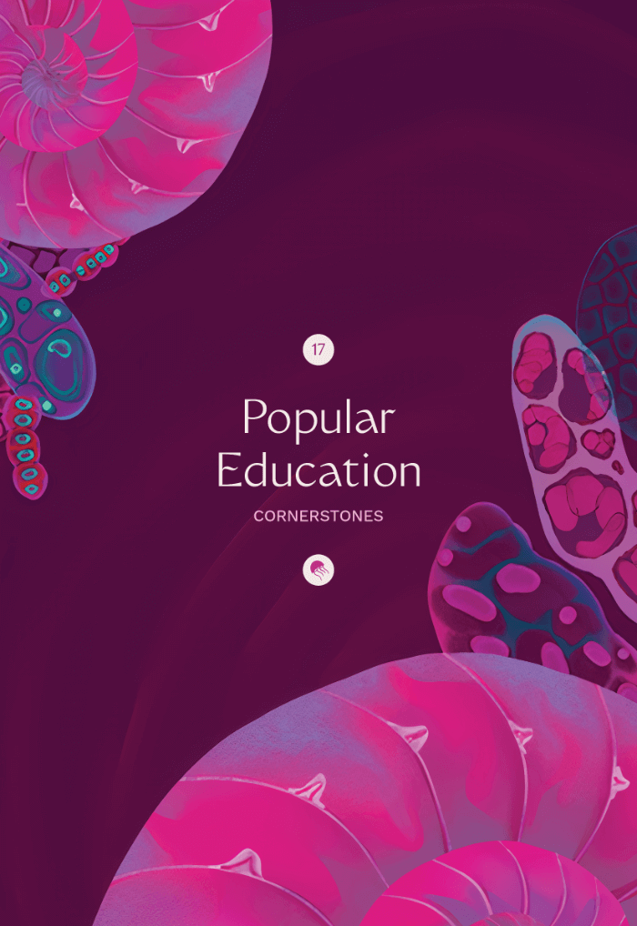 Illustration of a deep fuchsia background, flanked on the lower right and upper left by spiraling nautilus shells, sea slugs, and imaginative close-ups of microorganisms.