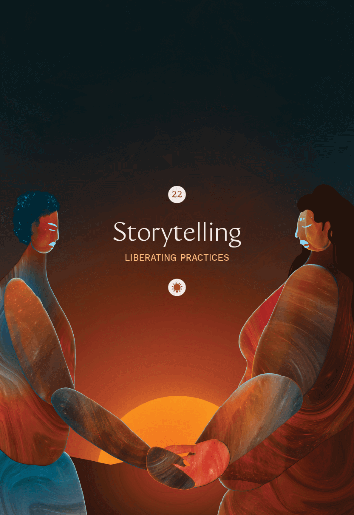 Illustration of two dark and medium-brown skinned people holding hands with their eyes closed. The sun sets between their canyon-textured bodies.