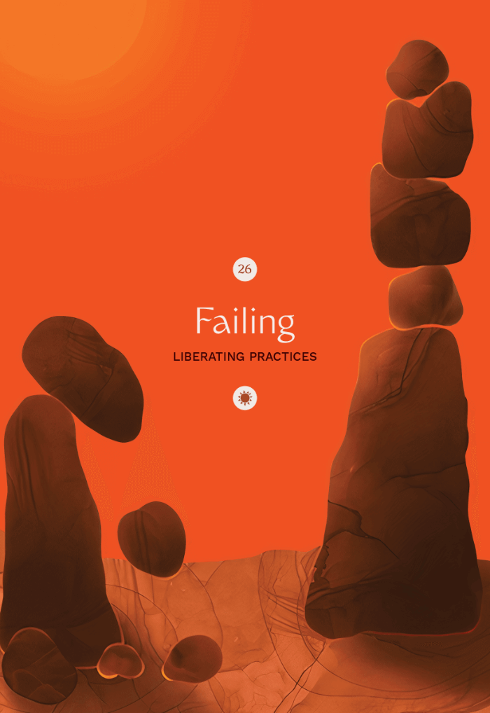 Illustration of a deep orange background, between two stacked rock structures, one of which is tumbling over.